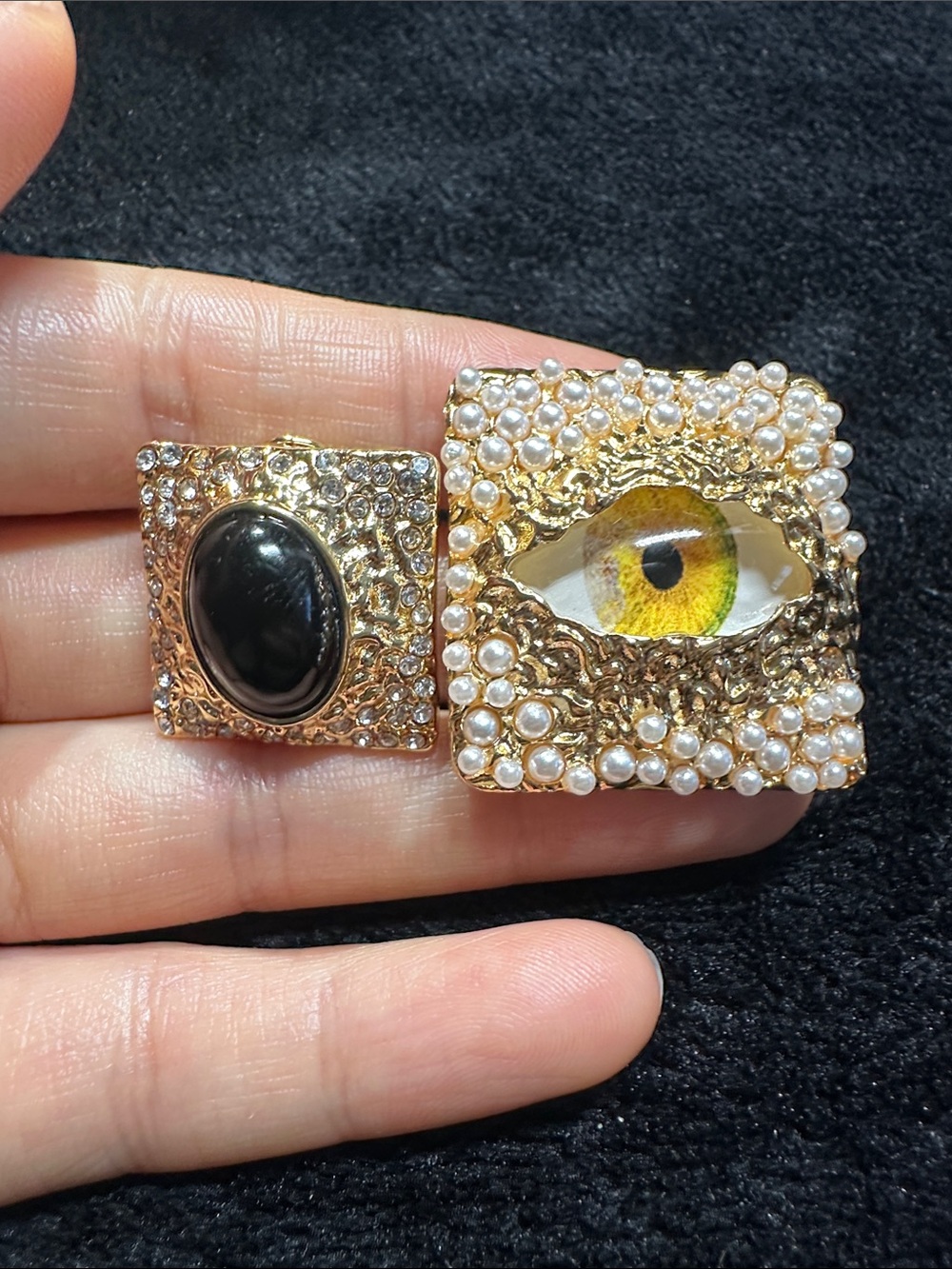 Gold Pearl & Rhinestone Square Eye Stud Earrings - Gold